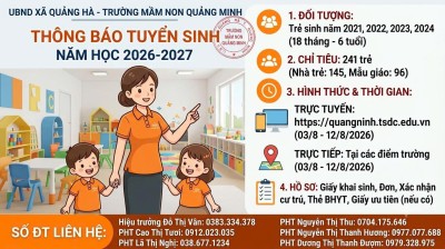 Trường Mầm non Quảng Minh thông báo tuyển sinh năm học 2026–2027